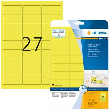 Etiketten  63.5x29.6mm neon-gelb HERMA 5140 540 Etiketten auf 20 Blatt A4