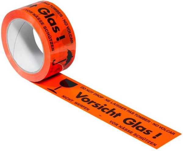 Klebeband 50mm*66m Leuchtrot VORSICHT GLAS SupraPro geräuscharme Abwicklung, Polypropylen (PP), 53 µm
