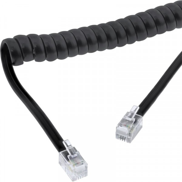 Telefonkabel RJ10 Spiralkabel Stecker-Stecker max. 2m 1:1 belegt, schwarz
