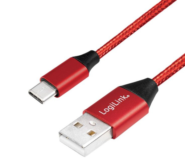 USB-Kabel 2.0 C-Stecker an A-Stecker ca. 1m, Rot, Stoff zum Schnell-Laden von Smartphones mit USB Typ-C am PC
