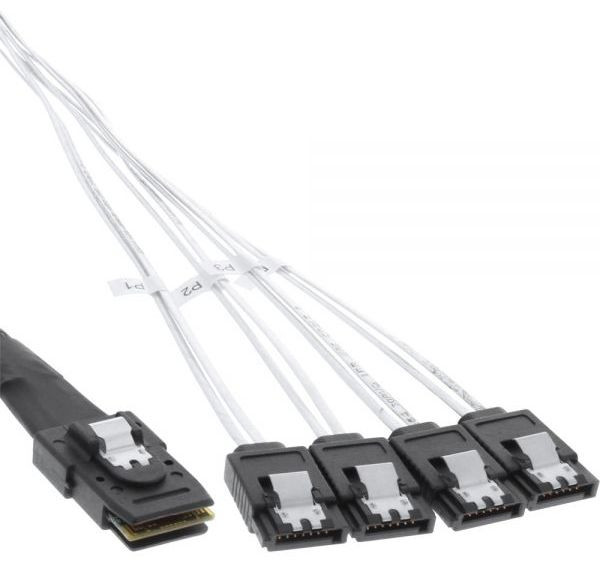 Festplattenkabel Mini-SAS SFF-8087 an 4x SATA crossover OCF 0.75m, für Anschluß SATA Laufwerke an SAS Controller