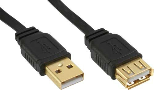 USB-Verlängerung 2.0 Flachkabel A-A S-B 5m vergoldet Stecker an Buchse, vergoldete Kontakte