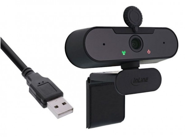 Webcam InLine FullHD mit Autofokus, USB-A Anschlusskabel integriertes Mikrofon, schwarz, mit Objektivabdeckung