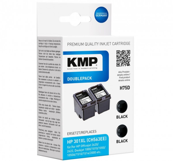 Tinte HP D8J45AE kompatibel 2x HP301xl Multipack schwarz KMP für ca. 2x 600 Seiten bei 5% Deckung, No. 301XL Doppelpack