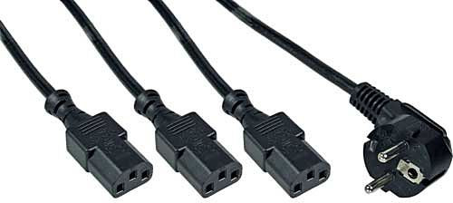 Kaltgeräte-Kabel mit 3 Buchsen ca. 1.8m schwarz 220V Stromkabel, 1xSchuko Stecker an 3xKaltgeräte-Buchse