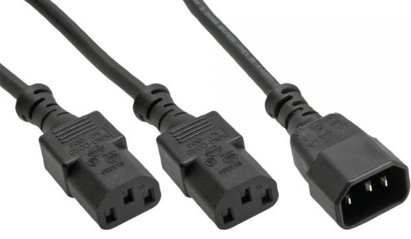 Kaltgeräte-Verlängerung mit 1 Buchse + 2 Steckern ca. 1.8 m 220V Stromkabel, Netzverlängerung 1x C14 auf 2x C13