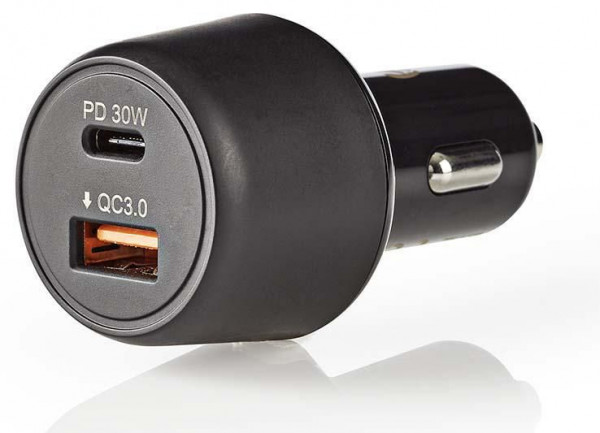 USB KFZ Ladegerät 1x USB-C, 1x USB (QC 3.0) 30W USB-C-Autoladegerät bis 3.0A, Schwarz