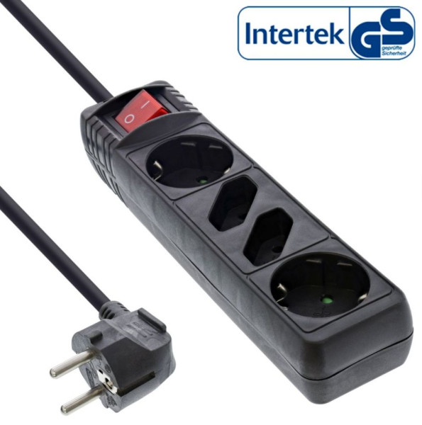 Steckdosenleiste  4-fach Schwarz 5m Kabellänge mit Schalter Stecker: 2xSchutzkontakt + 2xEuro