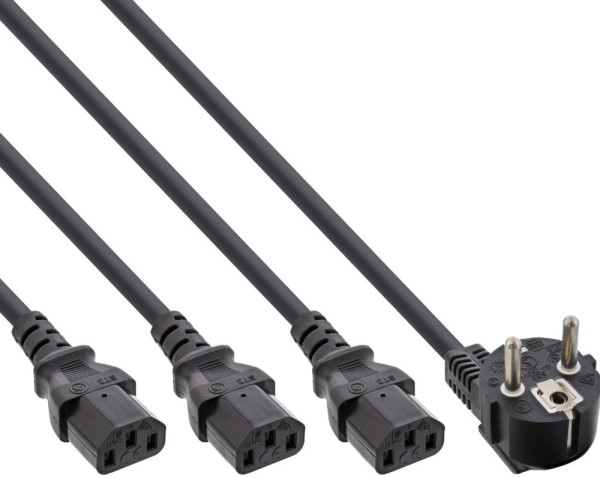 Kaltgeräte-Y-Kabel mit 3 Steckern ca. 3m schwarz 220V Stromkabel, 1xSchuko Stecker an 3xKaltgeräte-Stecker
