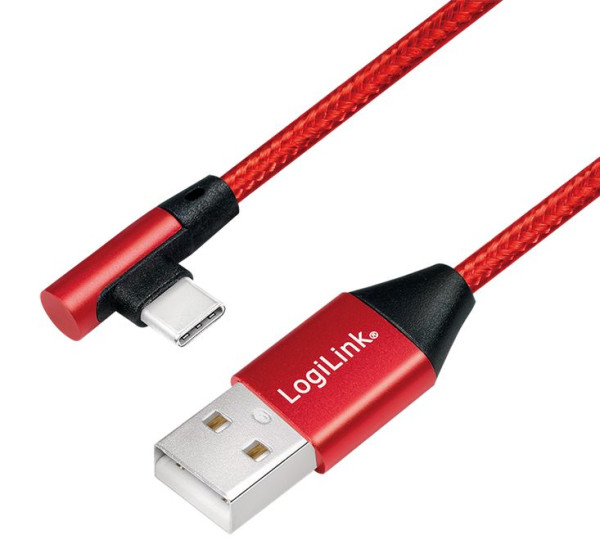 USB-Kabel 2.0 C-Stecker 90° an A-Stecker ca. 1m, Rot, Stoff zum Schnell-Laden von Smartphones mit USB Typ-C am PC