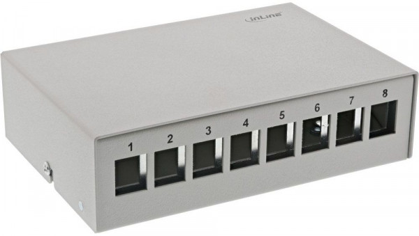 Patch-Panel-Dose 8x Keystone RJ45 Metall, lichtgrau RAL7035 Verbindungsklasse: IP20, inlk. Klammer für Hutschienenmontag