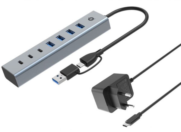 USB-Hub (USB 3.2) Type-C/A an 3x USB-c, 4x USB-A mit NT Aluminiumgehäuse, mit Netzteil
