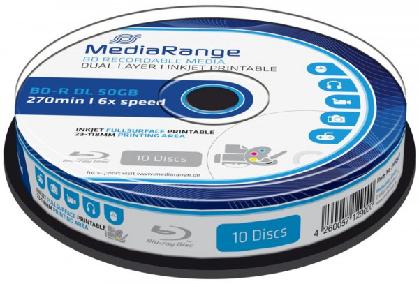 BluRay Disk R-Medium DL 50 GB 10er Spindel bedruckbar 6x, Double-Layer, Inkjet Fullprint