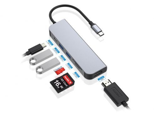 USB-Hub (USB 3.1) Type-C an 2x USB-A, 1x HDMI, 1x USB-C inkl. Card-Reader, auch als Docking Station nutzbar
