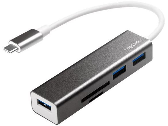 USB-Hub (USB 3.0) USB-C Stecker an 3x USB-A Buchse Plug and Play, mit Kartenleser, Logilink Aluminium Grau