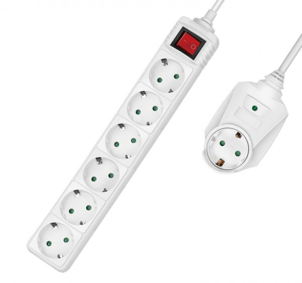 Steckdosenleiste  7-fach Weiß mit Schalter Durchgangsstecker 6x Schuko + 1x Durchgangsstecker, 2m Kabellänge