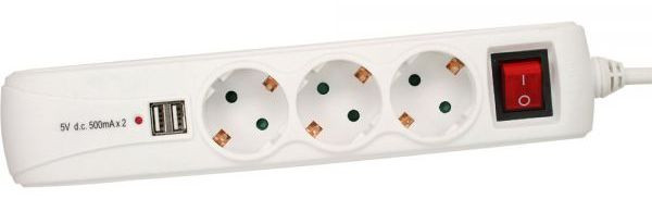 Steckdosenleiste  3-fach + 2x USB weiß mit Schalter 1.5m Zuleitung