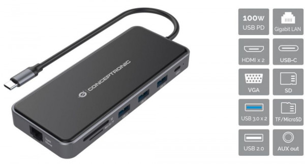 USB-Hub (USB 3.0) Type-C an 2x USB-A, 2x HDMI, 1x USB-C PD Cardreader, 1x LAN, 12-in1 Docking Station für 3 Monitore