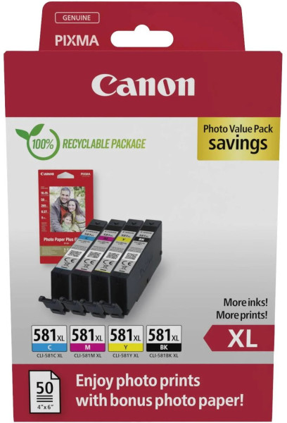 Tinte Canon CLI-581xl 4er Pack Original inkl. 50 Blatt 4x 8.3 ml Pigment-Tinte & 50 Blatt PP-201