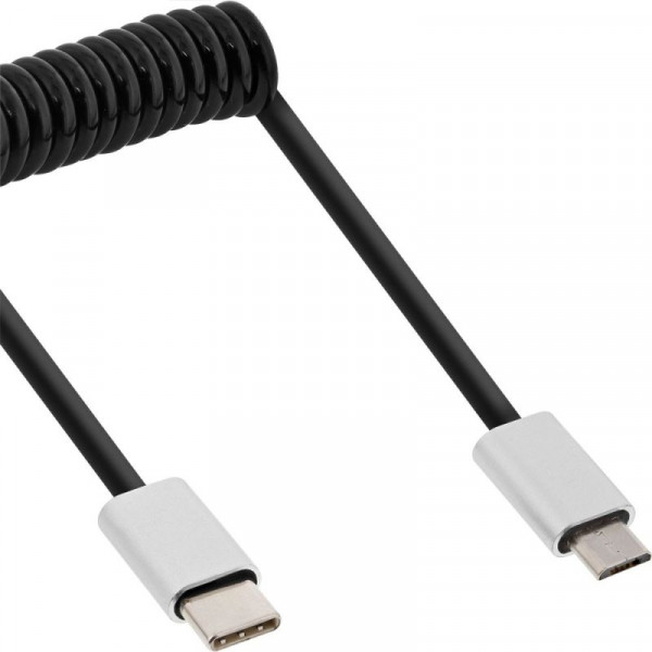 Kabel USB 2.0 0,5m C-Stecker an Micro-B Stecker, flexibles USB 2.0 Spiral-Anschlusskabel, schwarz/Alu