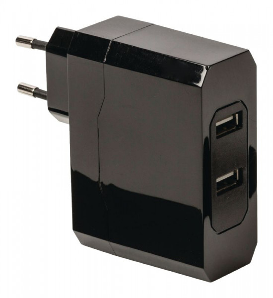 Ladegerät USB-Netzteil 2x USB-A Buchse je 2.4A 100-240V AC 50/60Hz zu 5V 4.8A, Schwarz