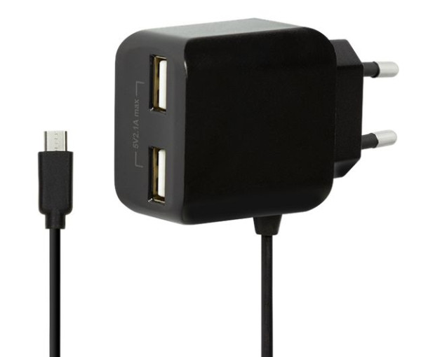 Ladegerät USB-Netzteil Stromadapter 2.1A mit micro-USB-Kabel 100-240V AC 50/60Hz zu 5V/2.1A, zzgl. 2x USB A, Schwarz