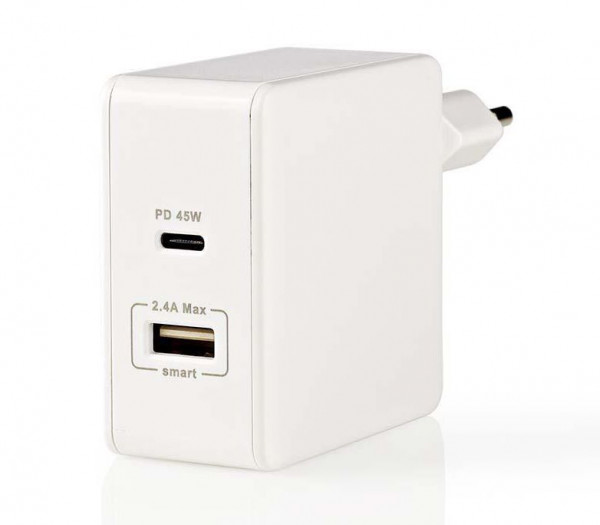 Ladegerät USB-Netzteil 1x USB-A 12 Watt, 1x USB-C 45 Watt 100-240V AC 50/60Hz, Weiß