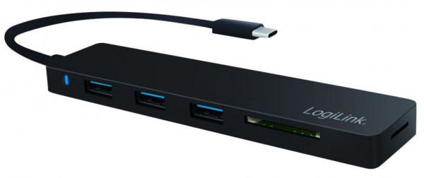 USB-Hub (USB 3.0) USB-C Stecker an 3x USB-A Buchse mit Kartenleser, Plug and Play, Schwarz