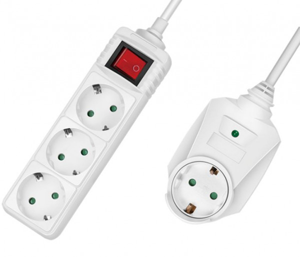 Steckdosenleiste  4-fach Weiß mit Schalter Durchgangsstecker 3x Schuko + 1x Durchgangsstecker, 2m Kabellänge