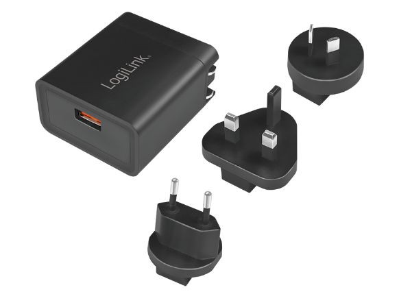 Ladegerät USB 1xA Ladeadapter 18W QC 3.0 Schwarz Traveler für Tablets & Mobiltelefon, mit Reiseadaptern
