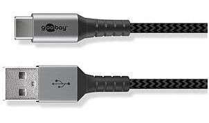 USB-Kabel A an C 0.5m USB 2.0 Textilkabel mit Metallsteckern Schnellade- und Datenkabel, Schwarz/Grau