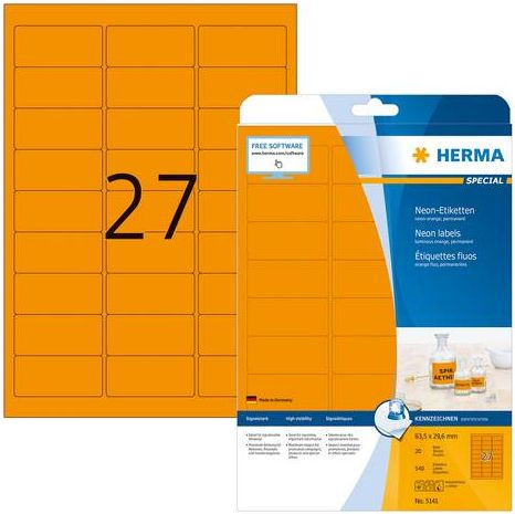 Etiketten  63.5x29.6mm neon-orange HERMA 5141 540 Etiketten auf 20 Blatt A4