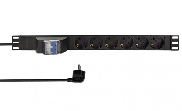 Steckdosenleiste 1 HE 6-fach Schuko 2-pol. Schutzschalter 19'' Rack einbaufähig, 45°-Anordnung, Schwarz, max. 16 A