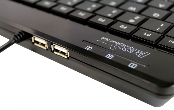 Tastatur PERIXX Periboard-505H Plus Mini schwarz USB Tastatur mit integriertem optischer Trackball und USB-Hub