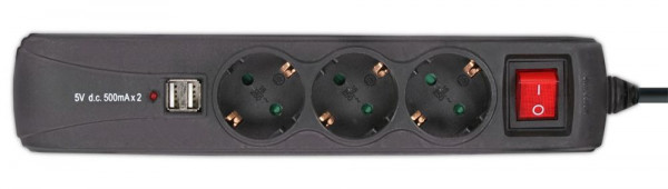 Steckdosenleiste  3-fach + 2x USB Schwarz mit Schalter 1.5m Zuleitung