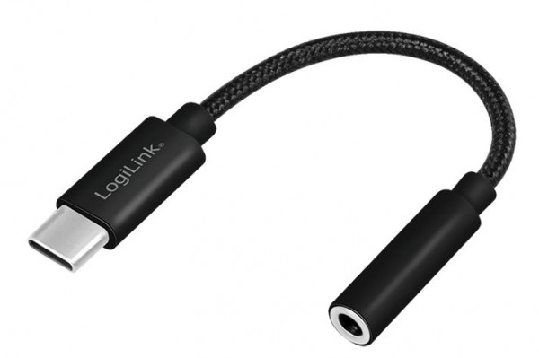 USB-Adapter 2.0 C Stecker an 3,5mm Buchse Logilink USB-C -> Audio DAC 4-Pin 3.5mm, mit 13cm Kabel, Schwarz