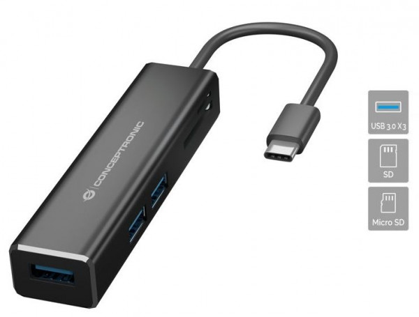 USB-Hub (USB 3.0) Type-C an 3 USB-A, 1x Cardreader für  MicroSD/TF, Kabellänge 20cm