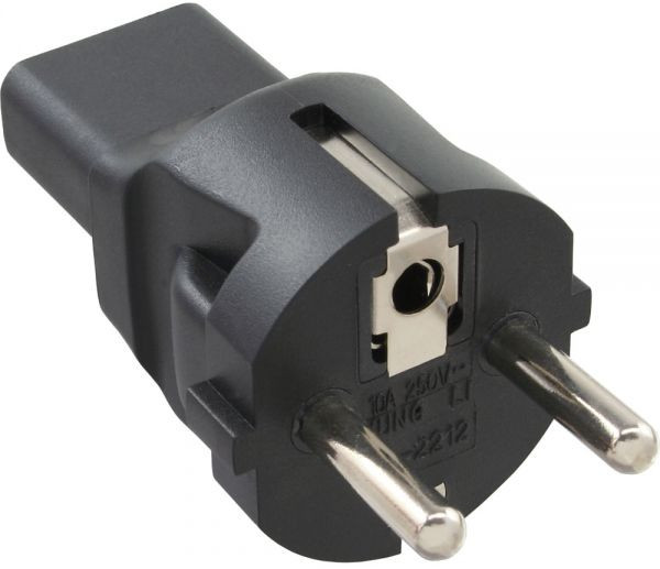 Adapter Schutzkontakt Stecker auf Kaltgeräte Kupplung für 220V Stromkabel, Farbe: schwarz