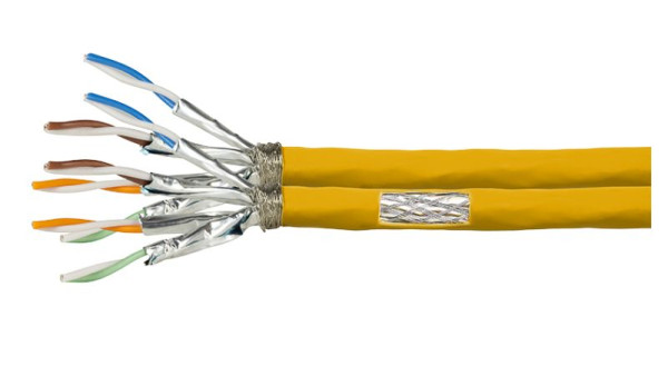 TP-Kabel lose 100m starr CAT7A Verlegekabel Duplex Gelb Aderdurchmesser 23 AWG, 1200 MHz, Brandschutzklasse B2ca