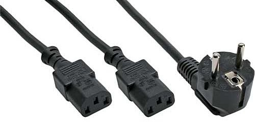 Kaltgeräte-Kabel mit 2 Buchsen ca. 1.8m 220V Stromkabel, 1xSchuko Stecker an 2xKaltgeräte-Buchse