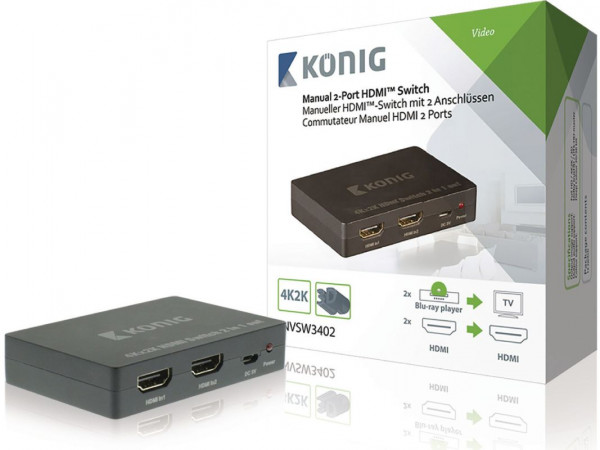 HDMI-Umschalter 2fach König, 2x Eingang, 1x Ausgang unterstützt 4K2K und 3D