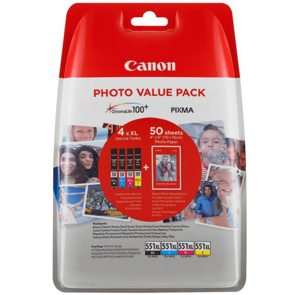 Tinte Canon CLI-551XL 4er Photo Value Pack mit Photopapier oem 6443B006, enthält je 1x CLI-551XL c/m/y/bk, 1x PP-201