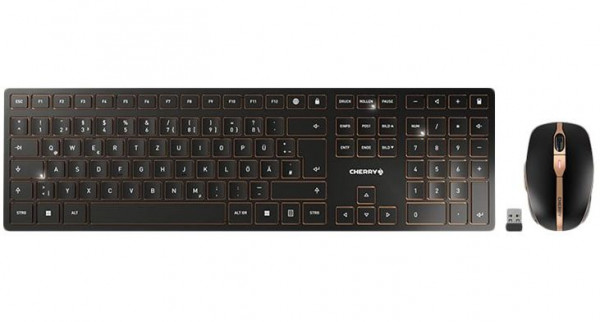 Tastatur & Maus Set Cherry DW 9100 Slim wireless Desktop BT wiederaufladbares Set, drahtlos, Schwarz und Bronze/Kupfer