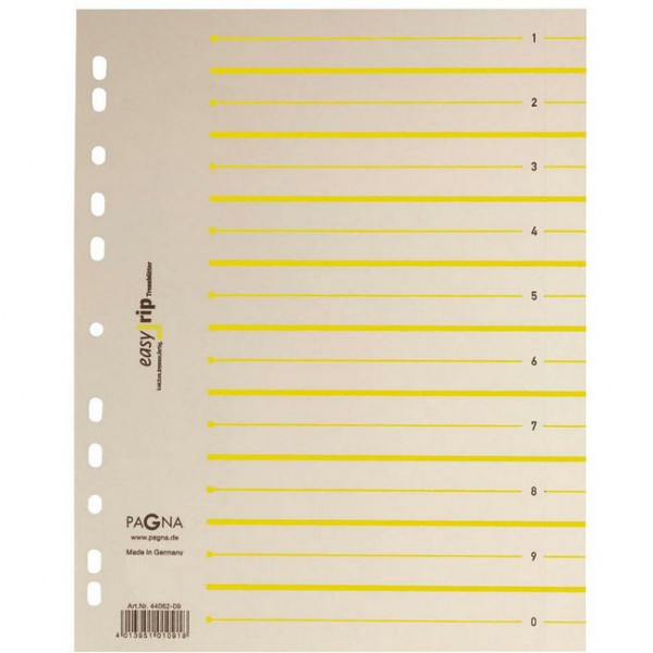 Trennblätter A4 für Ordner Taben 0-9 100er Pack Pagna gelb 225g/m² Kraftkarton, mikroperforierten Taben