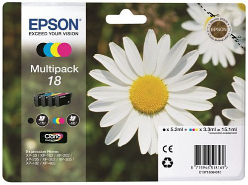Tinte EPSON T1806 Original Multipack Gänseblümchen 4er C13T18064010, normale Füllmenge je 1x c/m/y/bk
