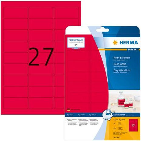 Etiketten  63.5x29.6mm neon-rot HERMA 5045 540 Etiketten auf 20 Blatt A4