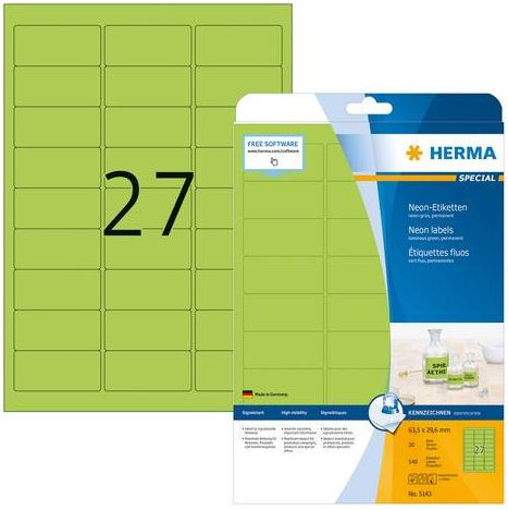 Etiketten  63.5x29.6mm neon-grün HERMA 5143 540 Etiketten auf 20 Blatt A4