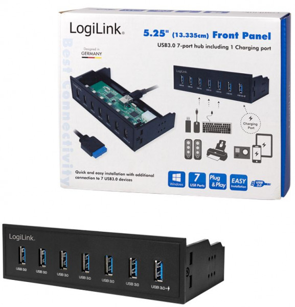 Frontpanel-Kit USB 3.0 Hub 7-fach schwarz inkl. Adapterkabel, Einbau in 13,3 cm(5,25'')-Schacht