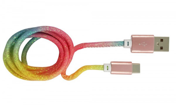 USB-Kabel A an C 1m Regenbogen Glitzer USB 2.0 Schnellade- und Datenkabel