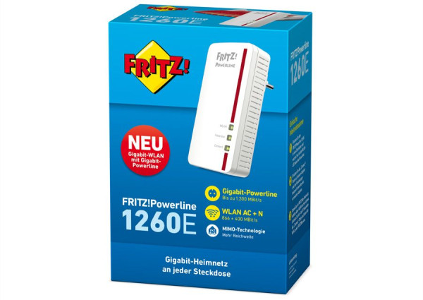 dLAN-Adapter FRITZ!Powerline 1260E WLAN AC1200 Gigabit-LAN über Stromleitung, ohne integrierte Steckdose